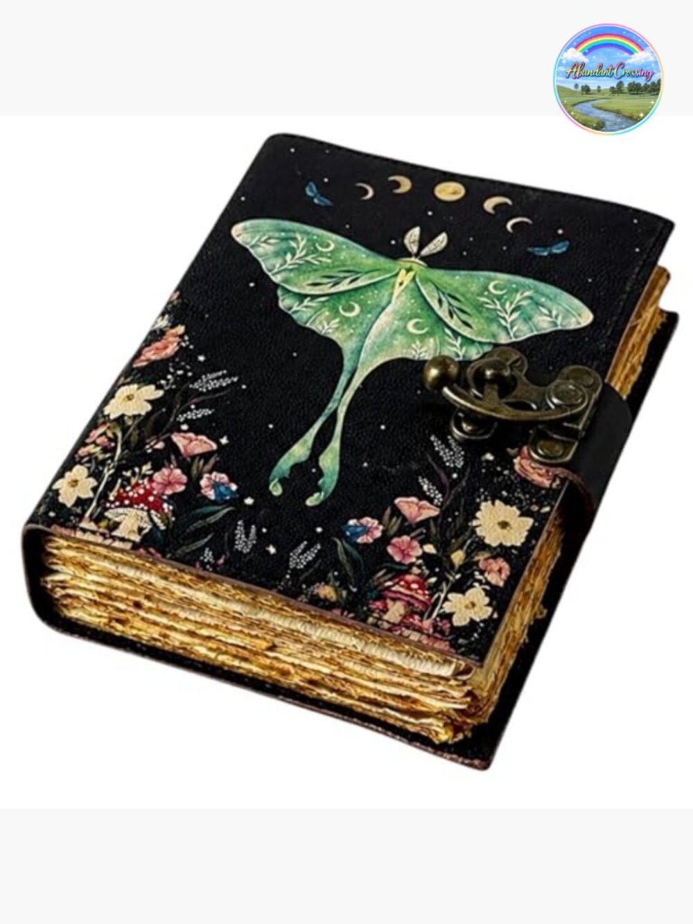 Vintage Handmade Leather Journal with Lock Clasp Luna Moths Print - Picture 3 of 6